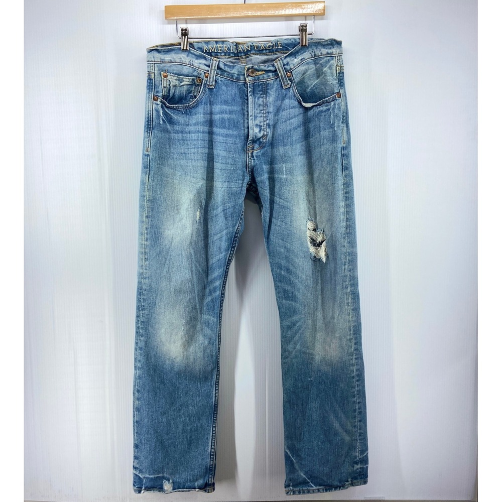 American Eagle Straight Blue Denim Button Fly Distressed Jeans Mens 34x30‎